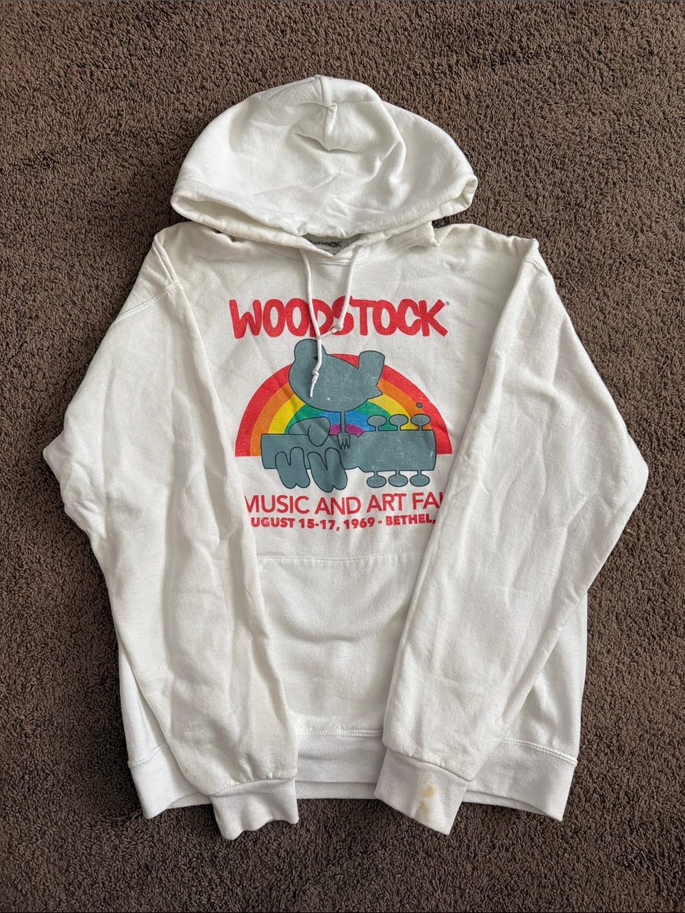 Woodstock Music & Art Fair Hoodie White Graphic Pullover Sweatshirt Adult Large